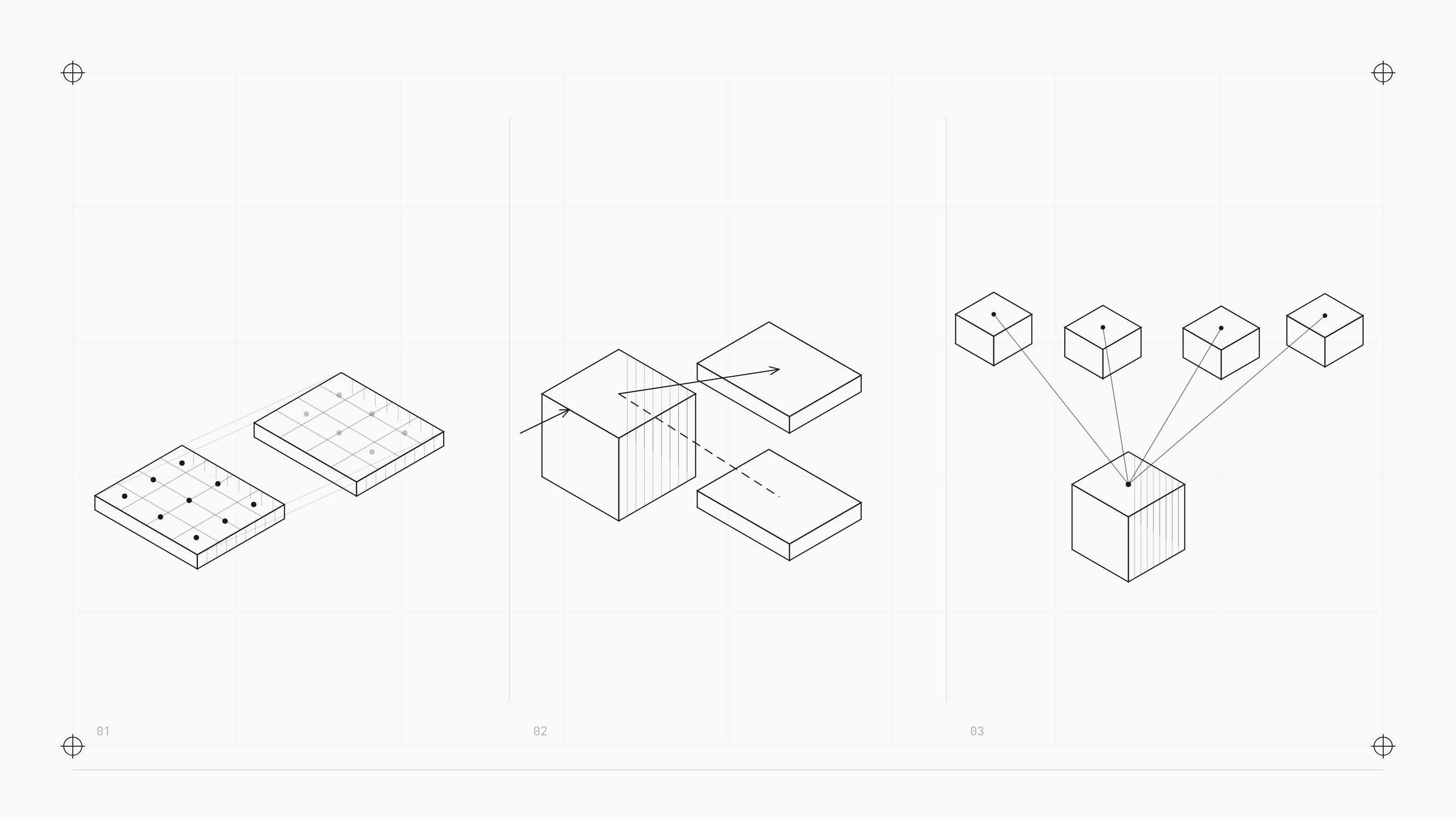 Three abstract diagrams: a source resolving into a projection, a path splitting in two, and one event fanning out to several consumers